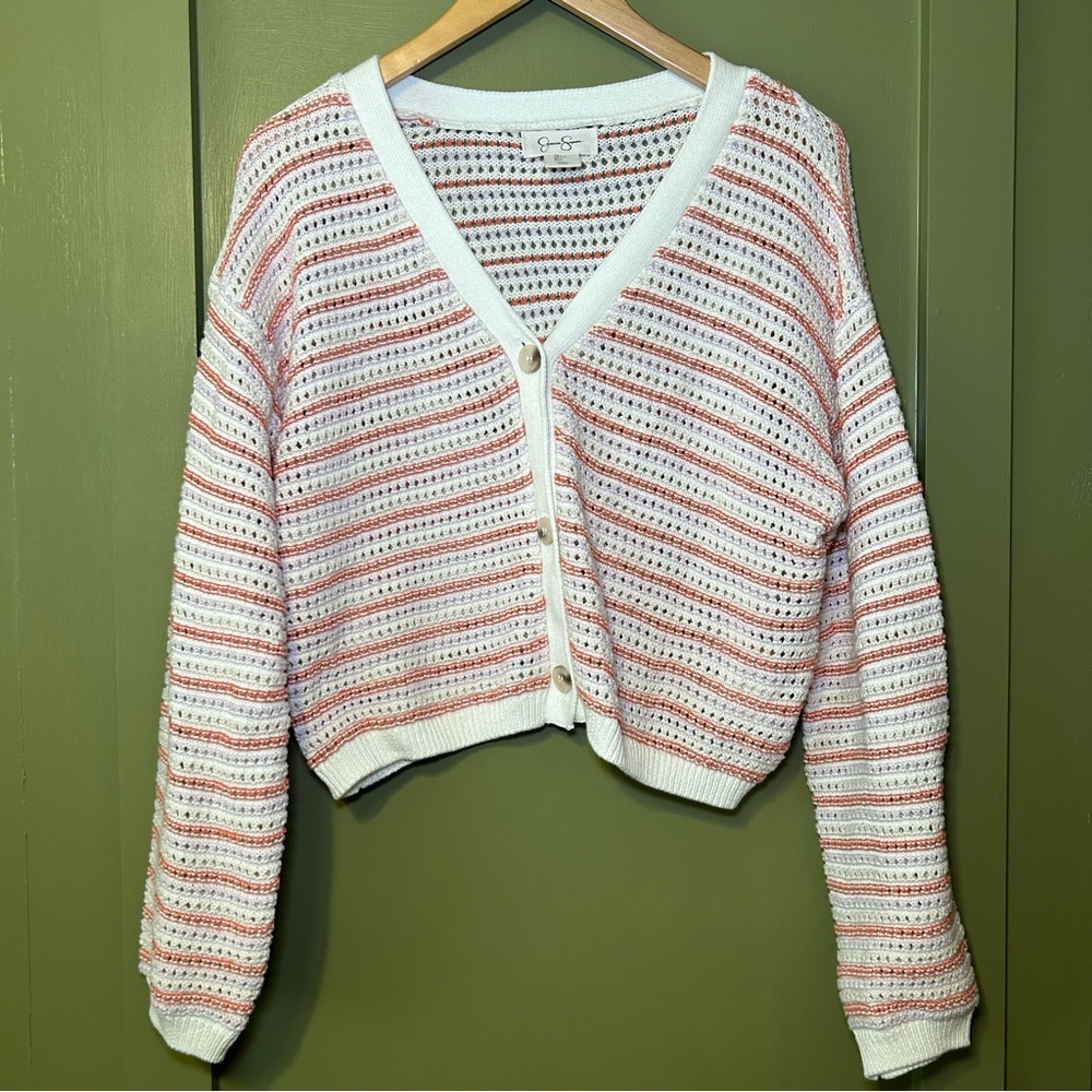 Striped White and Pink Women's Sweater sz L